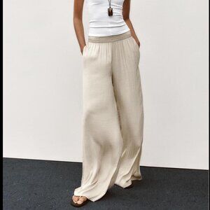 ZARA satin wide leg high waist palazzo pants size small - colorway shimmer beige